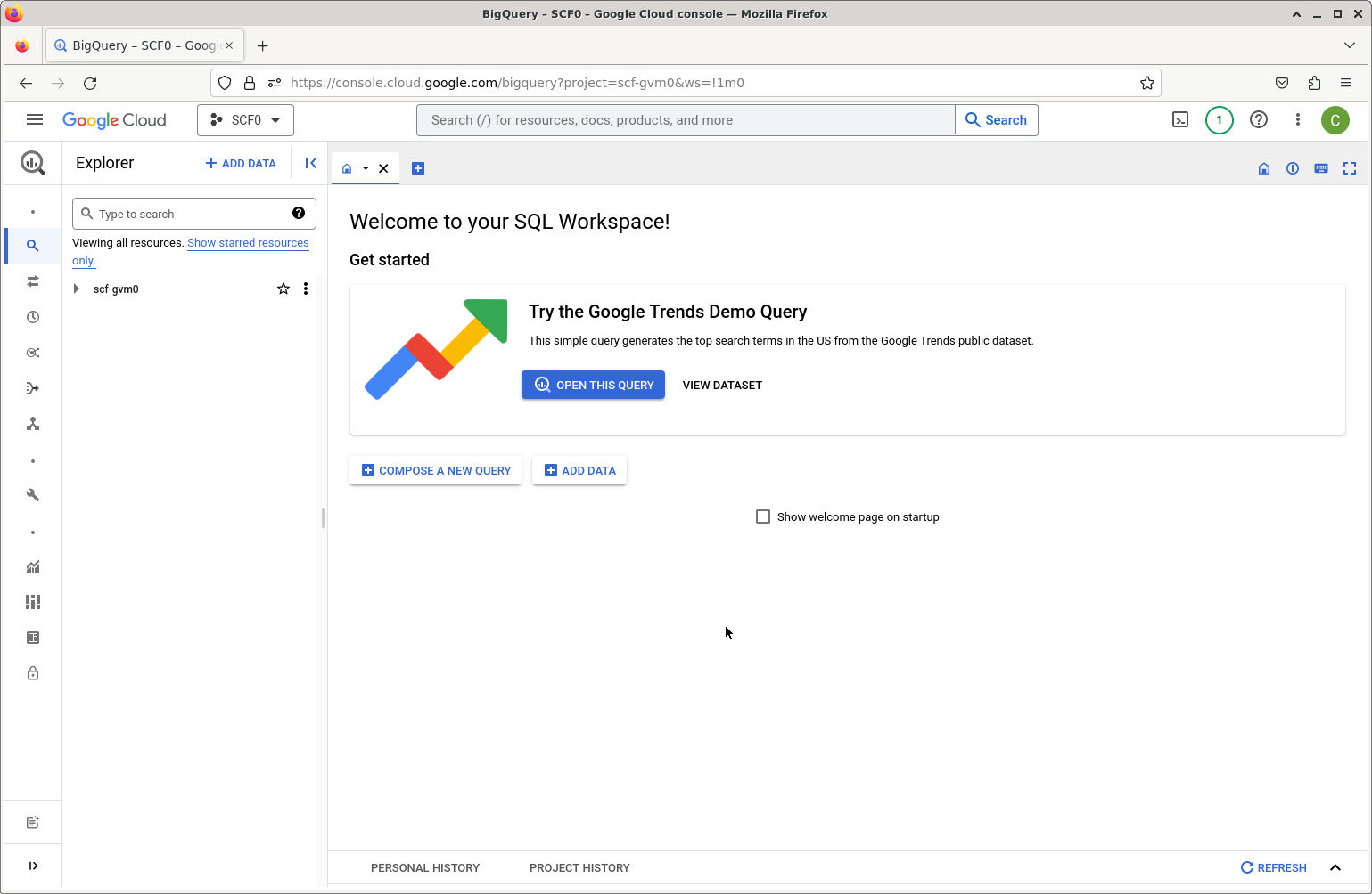 BigQuery interface, showing the welcome page.